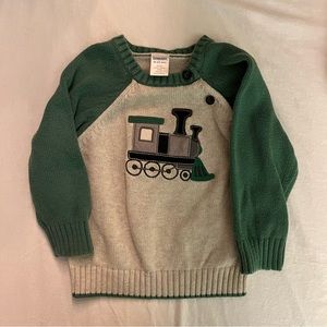 Boys Sweater Gray with Green Sleeves with an Embroidered Train Size 18 to 24 mo